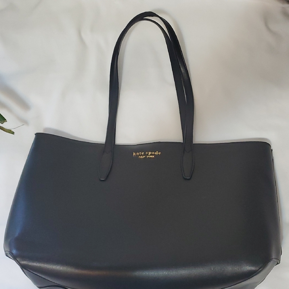 Kate Spade Black Leather Tote with Gold Logo